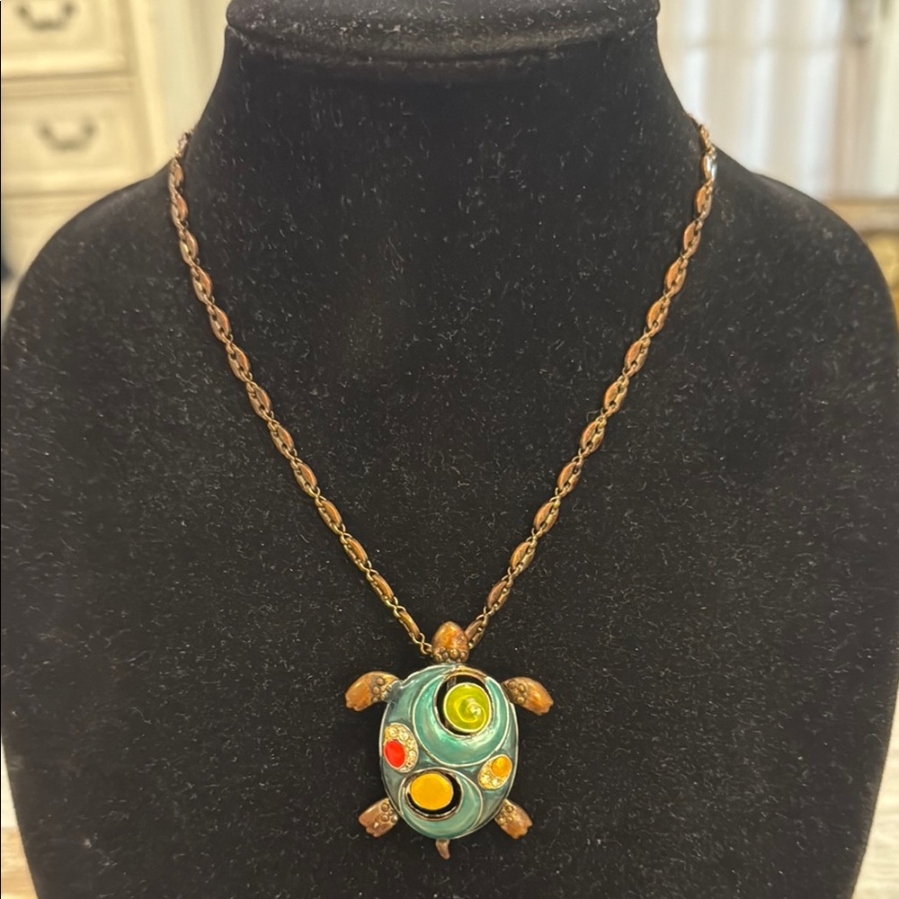 Vintage Copper Tone Sea Turtle Enamel Large Pendant Statement Necklace